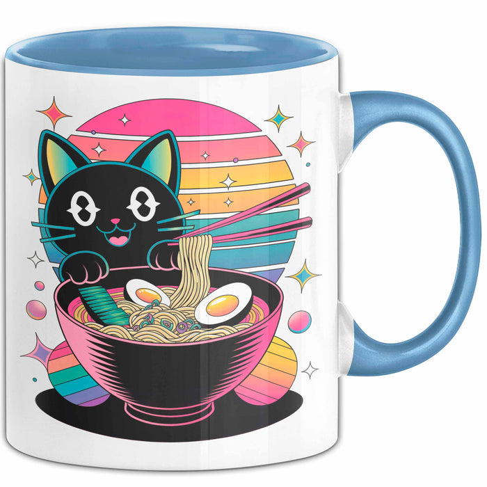 Katzen Tierliebhaber Tasse Geschenk Lustige Geschenkidee Spruch Katze Isst Ramen Nudeln Blau Trendation
