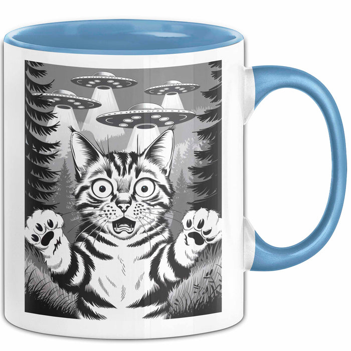 Katzen Tierliebhaber Tasse Geschenk Lustige Geschenkidee Spruch Alien UFO Katze Blau Trendation
