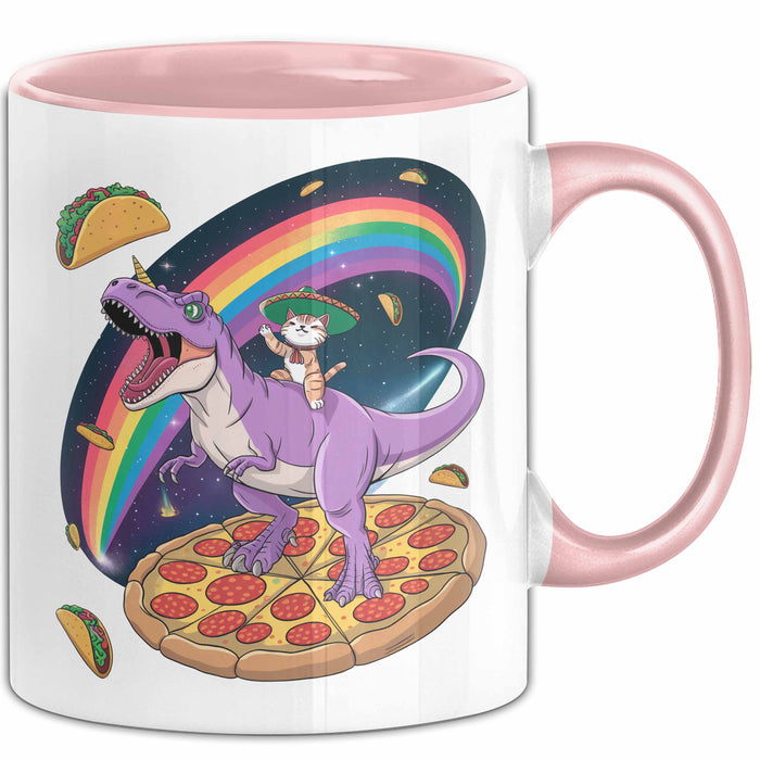 Katzen Tasse Geschenk Katze reitet Dinosaurier & isst Pizza Rosa Trendation