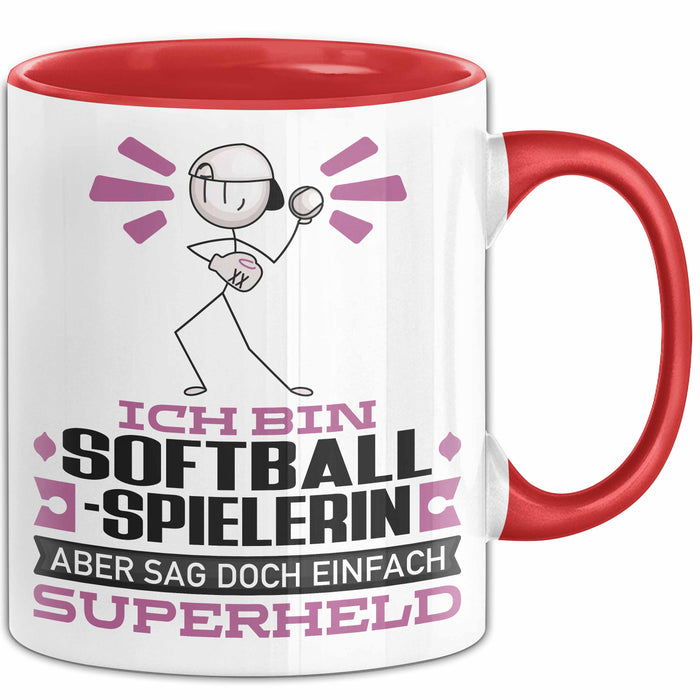 Softballspielerin Geschenk Tasse Ich Bin Softballspielerin Aber Sag Doch Einfach Superheld Lustige Geschenkdiee für Softballspielerin Kaffee-Becher Rot Trendation