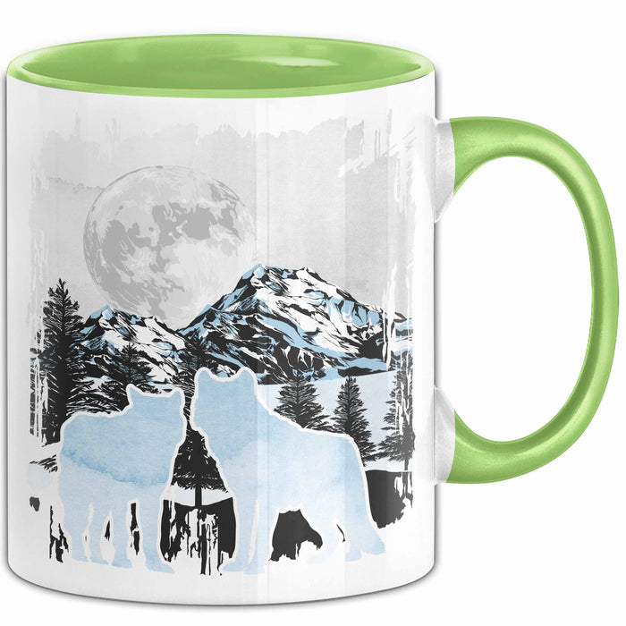 Wolf Tasse Geschenk Silhouetten Berglandschaft Vollmond Geschenkidee Grün Trendation