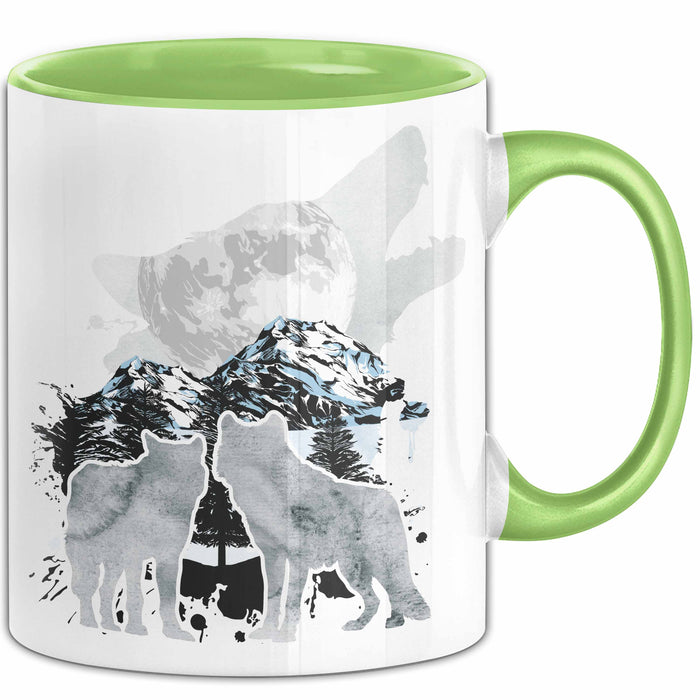 Wolf Tasse Geschenk Heulender Wolf Vögel Mond Silhouetten Geschenkidee Grün Trendation
