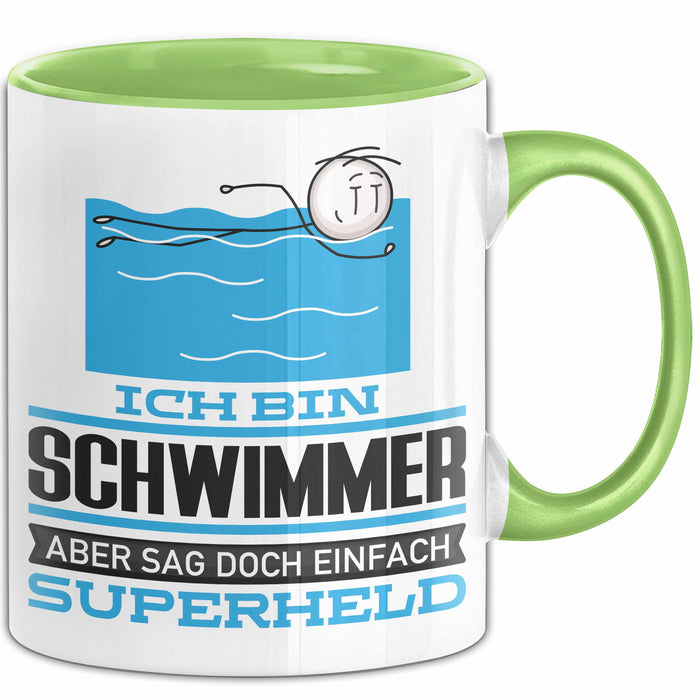 Schwimmer Geschenk Tasse Ich Bin Schwimmer Aber Sag Doch Einfach Superheld Lustige Geschenkdiee für Schwimmer Kaffee-Becher Grün Trendation
