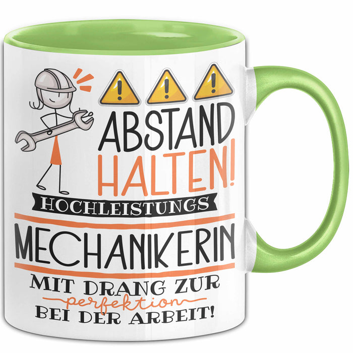 Mechanikerin Tasse Geschenk Lustig Abstand Halten Hochleistungs-Mechanikerin Mit Drang Zur Perfektion Bei Der Arbeit Grün Trendation