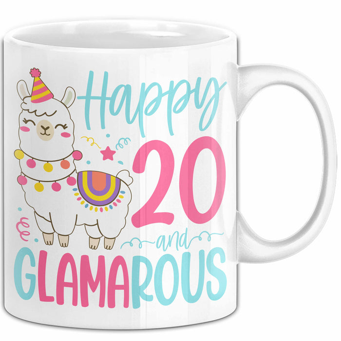 20er Geburtstag Tasse Geschenk Happy 20 And Glamarous Llama Alpaka Liebhaber Geschenkidee zum Geburtstag Weiß Trendation
