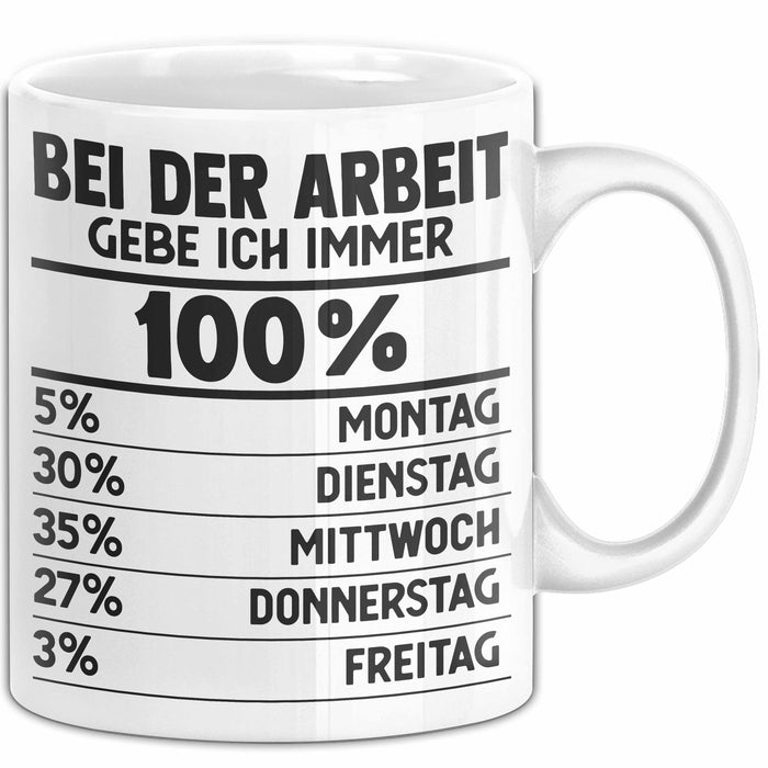 Kollegen Tasse Geschenk Bei Der Arbeit Gebe Ich Immer 100 Prozent Montag Dienstag Kaffee-Becher Weiß Trendation