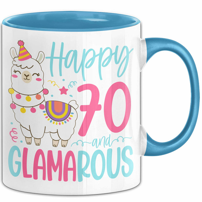 70er Geburtstag Tasse Geschenk Happy 70 And Glamarous Llama Alpaka Liebhaber Geschenkidee zum Geburtstag Blau Trendation