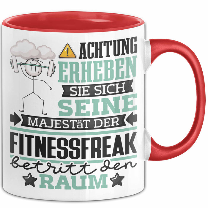 Fitnessfreak Geschenk Tasse Lustiger Spruch Erheben Sie Sich Der Fitnessfreak Betritt den Raum Rot Trendation
