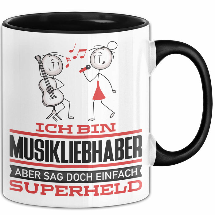 Musikliebhaber Geschenk Tasse Ich Bin Musikliebhaber Aber Sag Doch Einfach Superheld Lustige Geschenkdiee für Musikliebhaber Kaffee-Becher Schwarz Trendation