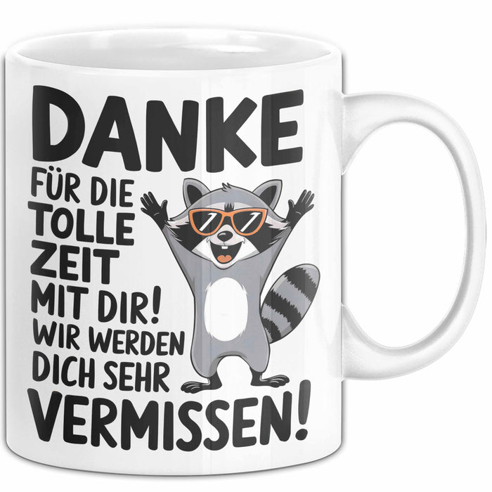 Büro Arbeit Kollege Tasse Becher Geschenk Lustige Geschenkidee Spruch Danke Für Die Tolle Zeit Mit Dir Wir Werden Dich Sehr Vermissen Weiß Trendation