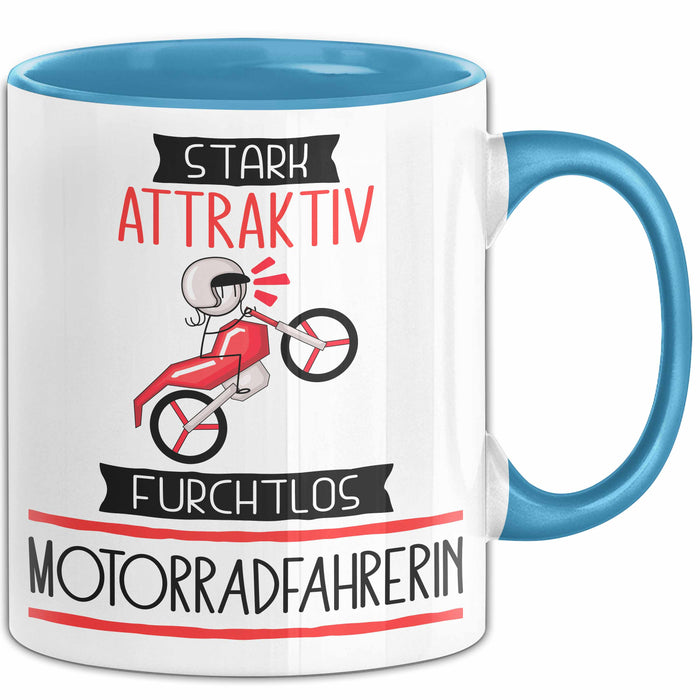 Motorradfahrerin Tasse Geschenk Becher Stark Attraktiv Furchtlos Motorradfahrerin Lustige Geschenkidee Blau Trendation
