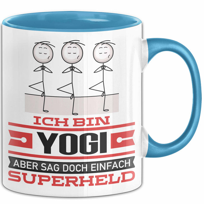 Yogi Geschenk Tasse Ich Bin Yogi Aber Sag Doch Einfach Superheld Lustige Geschenkdiee für Yogi Kaffee-Becher Blau Trendation