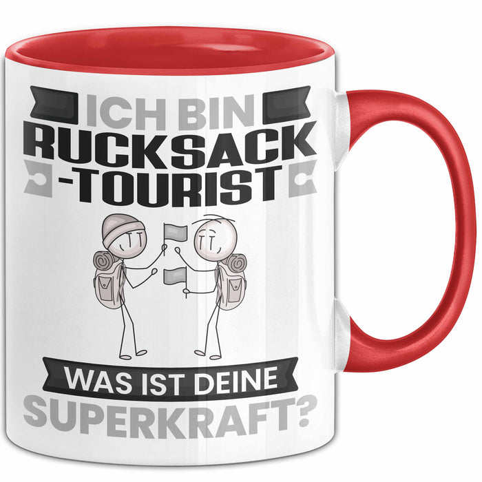 Rucksacktourist Tasse Geschenk für Rucksacktourist Geburtstag Lustiger Spruch Kaffee-Becher Was Ist Deine Superkraft Rot Trendation