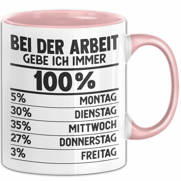 Kollegen Tasse Geschenk Bei Der Arbeit Gebe Ich Immer 100 Prozent Montag Dienstag Kaffee-Becher Rosa Trendation