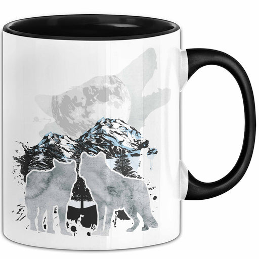 Wolf Tasse Geschenk Heulender Wolf Vögel Mond Silhouetten Geschenkidee Schwarz Trendation