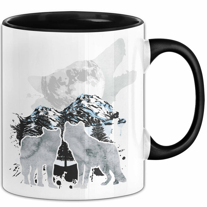 Wolf Tasse Geschenk Heulender Wolf Vögel Mond Silhouetten Geschenkidee Schwarz Trendation