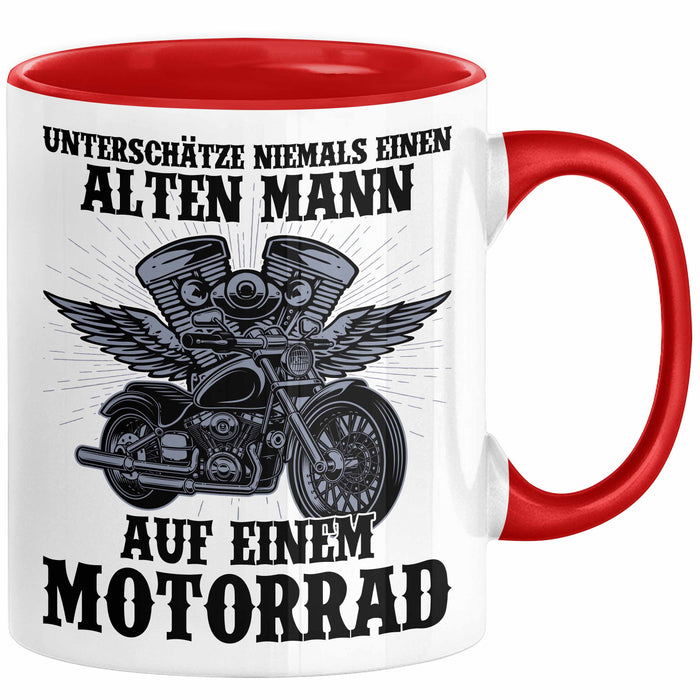 Motorradfahrer Geschenk Tasse Kaffee-Becher Motorrad Spruch Unterschätze Niemals Einen Alten Mann Auf Einem Motorrad Spruch Männer Rot Trendation