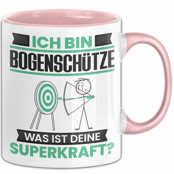 Bogenschütze Tasse Geschenk für Bogenschütze Geburtstag Lustiger Spruch Kaffee-Becher Was Ist Deine Superkraft Rosa Trendation