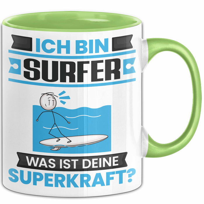 Surfer Tasse Geschenk für Surfer Geburtstag Lustiger Spruch Kaffee-Becher Was Ist Deine Superkraft Grün Trendation
