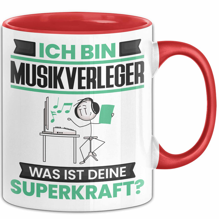 Musikverleger Tasse Geschenk für Musikverleger Geburtstag Lustiger Spruch Kaffee-Becher Was Ist Deine Superkraft Rot Trendation
