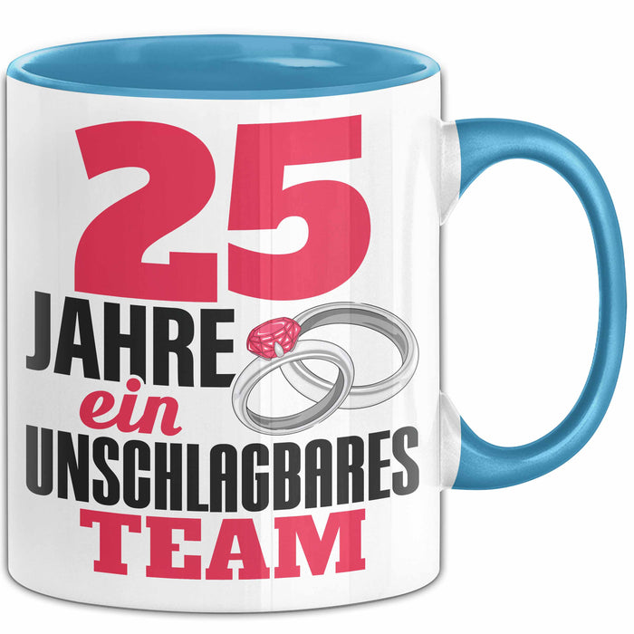 25 Jahre Tasse Geschenk Hochzeitstag Unschlagbares Team Spruch Blau Trendation