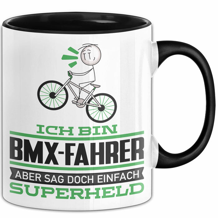 BMX-Fahrer Geschenk Tasse Ich Bin BMX-Fahrer Aber Sag Doch Einfach Superheld Lustige Geschenkdiee für BMX-Fahrer Kaffee-Becher Schwarz Trendation