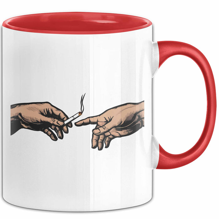 Raucher Tasse Geschenk Erschaffung Von Adam Kunst Geschenkidee 2 Hände Finger Joint Kiffer Rot Trendation