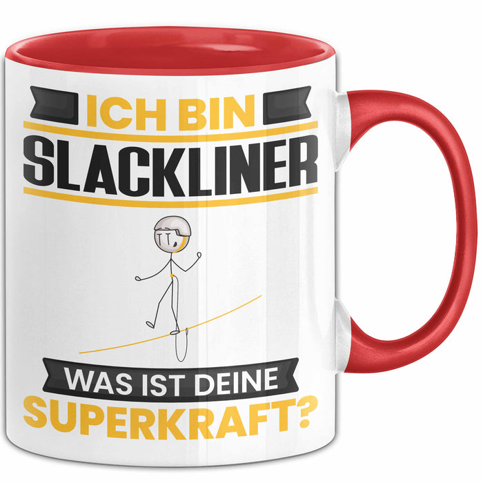 Slackliner Tasse Geschenk für Slackliner Geburtstag Lustiger Spruch Kaffee-Becher Was Ist Deine Superkraft Rot Trendation