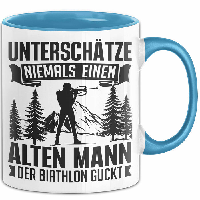 Biathlon Tasse Geschenk Wintersport Geschenke Unterschätze Niemals Einen Alten Mann Der Biathlon Guckt Blau Trendation