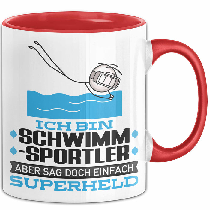 Schwimmsportler Geschenk Tasse Ich Bin Schwimmsportler Aber Sag Doch Einfach Superheld Lustige Geschenkdiee für Schwimmsportler Kaffee-Becher Rot Trendation