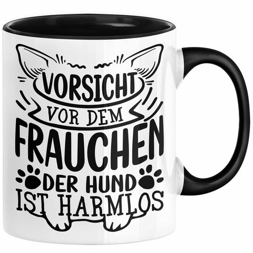 Frauchen Tasse Geschenk Hundebesitzerin Spruch Geschenkidee Kaffee-Becher Hunde Besitzerin Vorsicht Vor Dem Frauchen Der Hund Ist Harmlos Schwarz Trendation