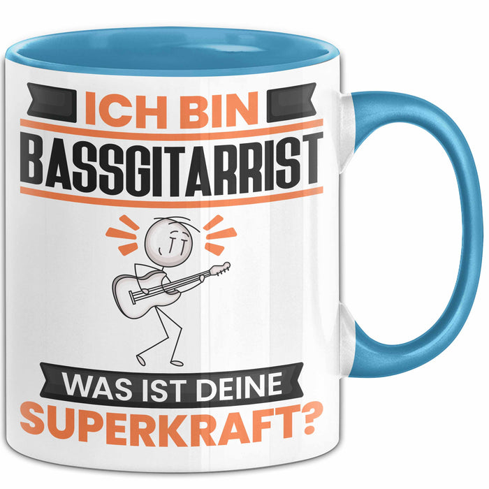 Bassgitarrist Tasse Geschenk für Bassgitarrist Geburtstag Lustiger Spruch Kaffee-Becher Was Ist Deine Superkraft Blau Trendation