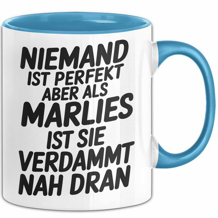 Marlies Tasse Geschenk Niemand Ist Perfekt Marlies Verdammt Nah Dran Geschenkidee Blau Trendation