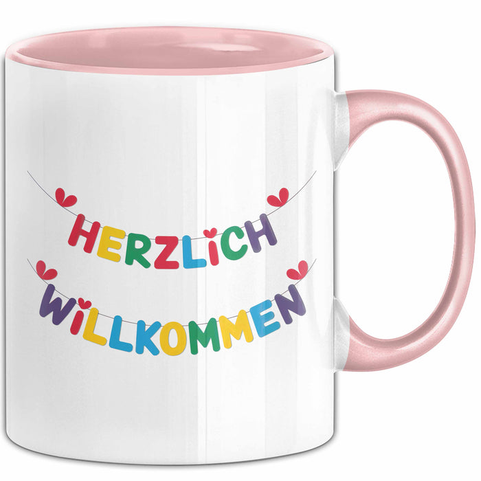 Willkommensparty Dekoration Tasse Geschenk Lustige Geschenkidee Spruch Herzlich Willkommen Rosa Trendation