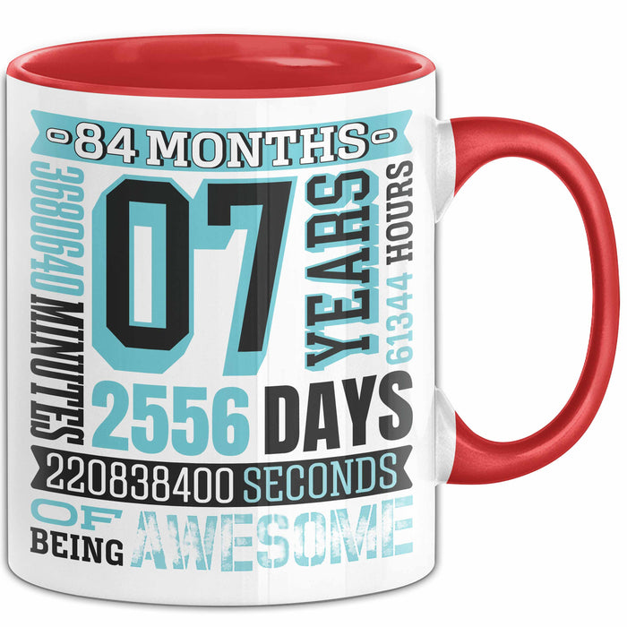 Tasse 07 Jahre Jubiläum Design mit Zeitangaben, Geschenkidee Rot Trendation