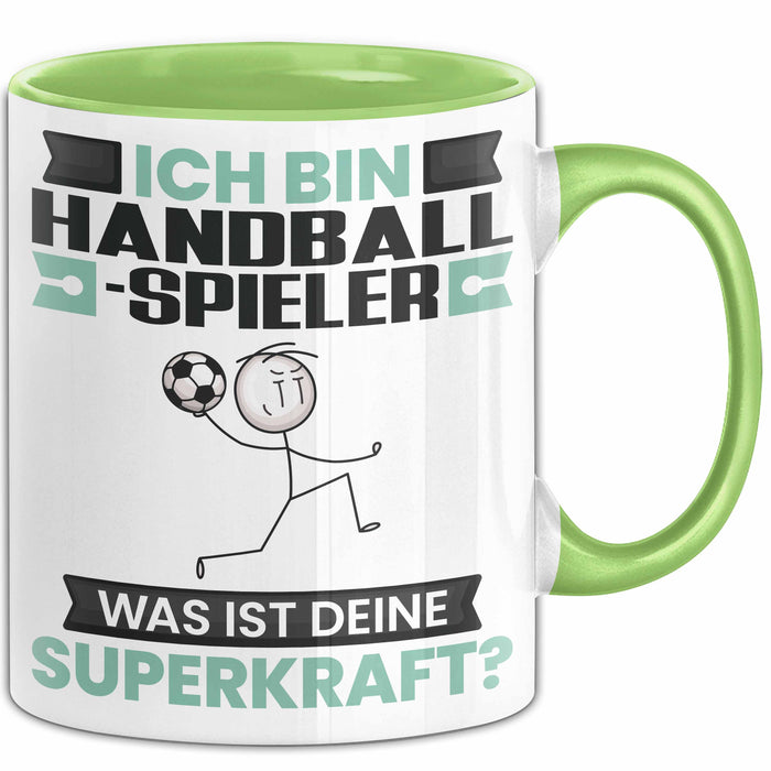 Handballspieler Tasse Geschenk für Handballspieler Geburtstag Lustiger Spruch Kaffee-Becher Was Ist Deine Superkraft Grün Trendation