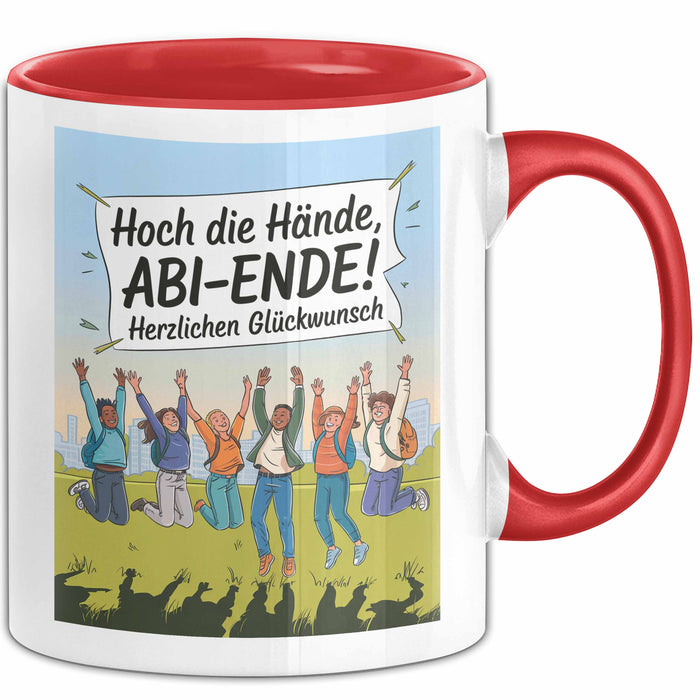 Schüler Abschluss Tasse Geschenk Lustige Geschenkidee Spruch Hoch Die Hände Abi Ende Rot Trendation