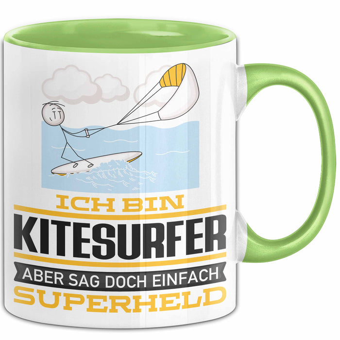 Kitesurfer Geschenk Tasse Ich Bin Kitesurfer Aber Sag Doch Einfach Superheld Lustige Geschenkdiee für Kitesurfer Kaffee-Becher Grün Trendation