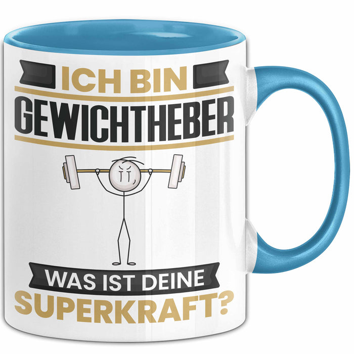 Gewichtheber Tasse Geschenk für Gewichtheber Geburtstag Lustiger Spruch Kaffee-Becher Was Ist Deine Superkraft Blau Trendation