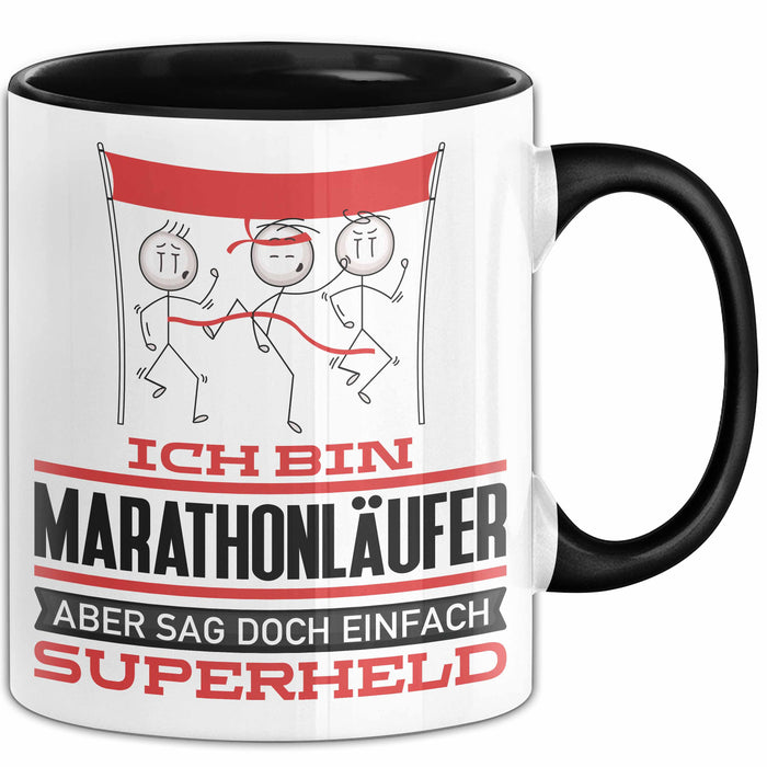 Marathonläufer Geschenk Tasse Ich Bin Marathonläufer Aber Sag Doch Einfach Superheld Lustige Geschenkdiee für Marathonläufer Kaffee-Becher Schwarz Trendation