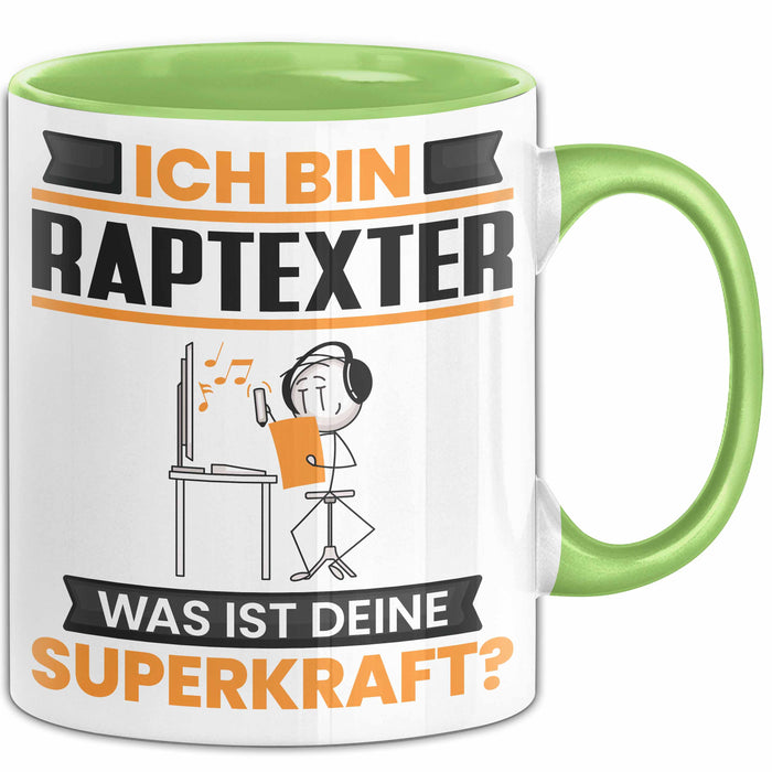 Raptexter Tasse Geschenk für Raptexter Geburtstag Lustiger Spruch Kaffee-Becher Was Ist Deine Superkraft Grün Trendation