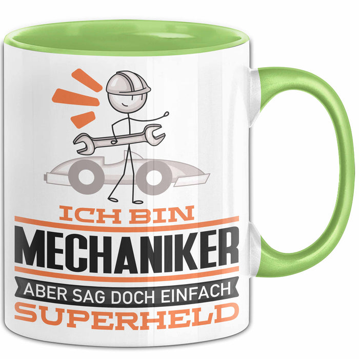 Mechaniker Geschenk Tasse Ich Bin Mechaniker Aber Sag Doch Einfach Superheld Lustige Geschenkdiee für Mechaniker Kaffee-Becher Grün Trendation
