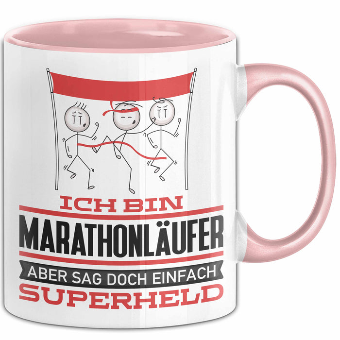 Marathonläufer Geschenk Tasse Ich Bin Marathonläufer Aber Sag Doch Einfach Superheld Lustige Geschenkdiee für Marathonläufer Kaffee-Becher Rosa Trendation