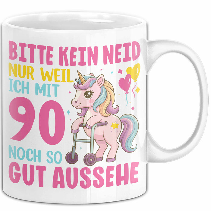 90. Geburtstag Tasse Frauen Geschenk Bitte Nur Kein Neid Nur Weil Ich mit 90 Noch So Gut Aussehe Mama Oma Weiß Trendation