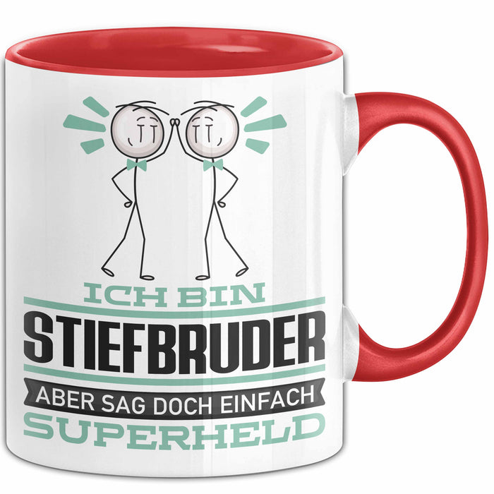 Stiefbruder Geschenk Tasse Ich Bin Stiefbruder Aber Sag Doch Einfach Superheld Lustige Geschenkdiee für Stiefbruder Kaffee-Becher Rot Trendation