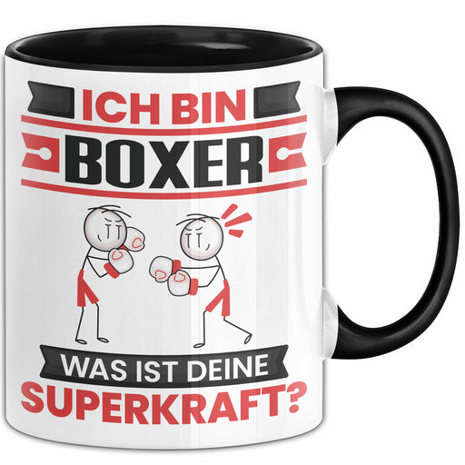 Boxer Tasse Geschenk für Boxer Geburtstag Lustiger Spruch Kaffee-Becher Was Ist Deine Superkraft Schwarz Trendation