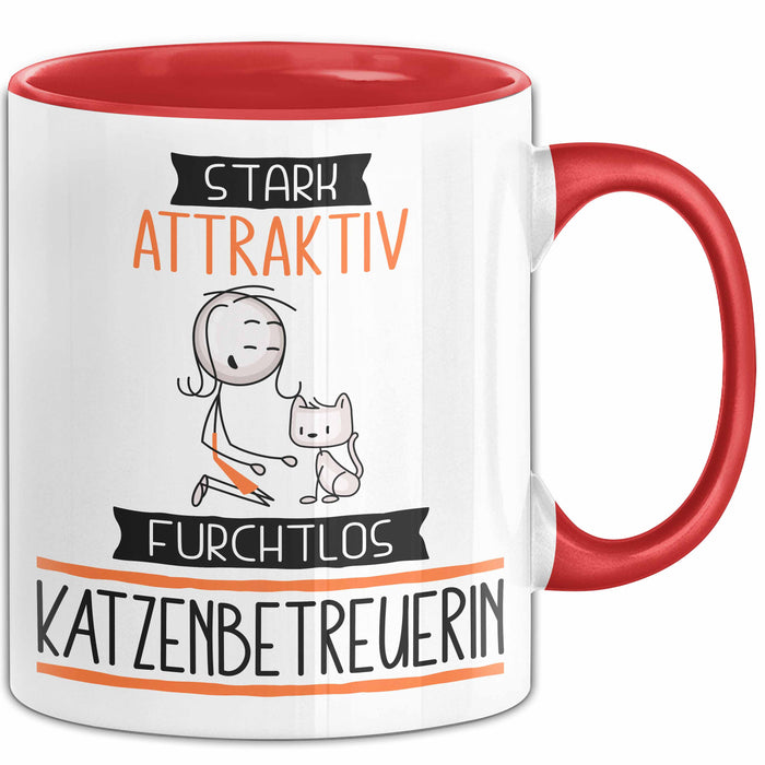 Katzenbetreuerin Tasse Geschenk Becher Stark Attraktiv Furchtlos Katzenbetreuerin Lustige Geschenkidee Rot Trendation