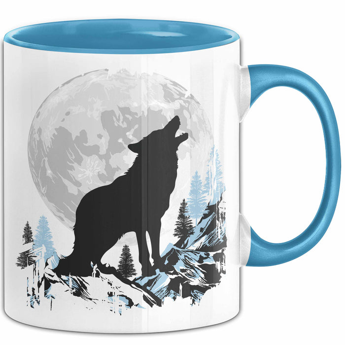 Wolf Tasse Geschenk Heulender Wolf Vollmond Grafik Geschenkidee Blau Trendation