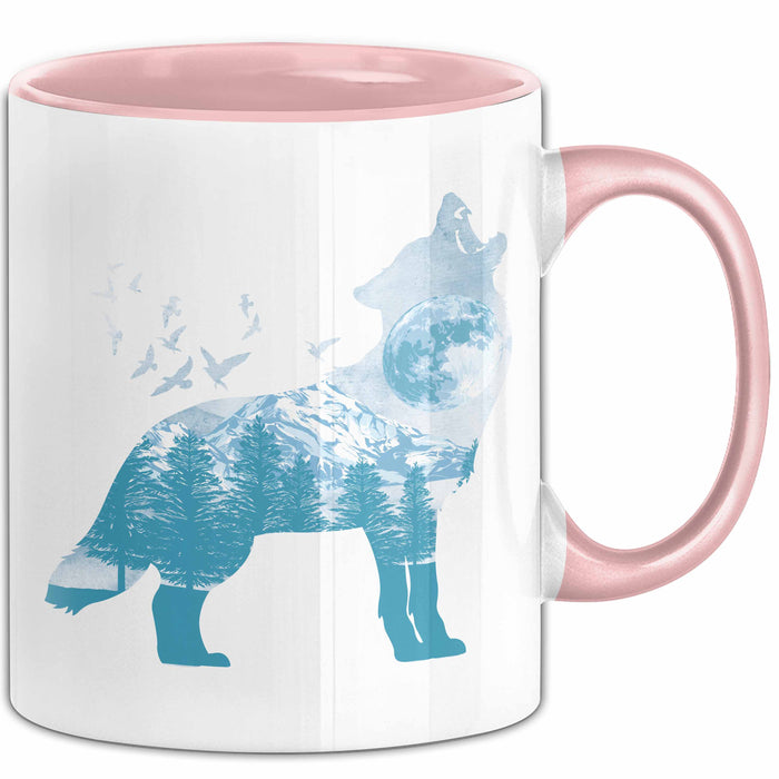 Wolf Tasse Geschenk Heulender Wolf Vögel Mond Silhouetten Geschenkidee Lustig Rosa Trendation
