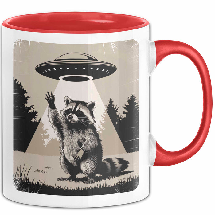 Waschbär Tierliebhaber UFO Alien Tasse Geschenk Lustige Geschenkidee Spruch Rot Trendation